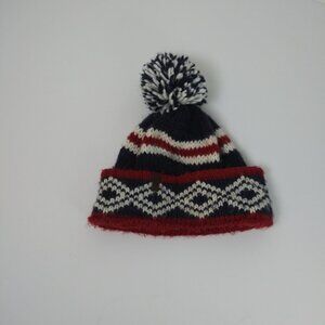 Timberland Unisex Beanie Wool Blend Maroon Blue White With Pom One Size GUC